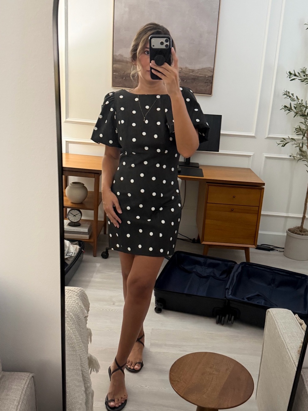 Express Polka Dot Puff Sleeve Sheath Dress - Black/White - Used Once
